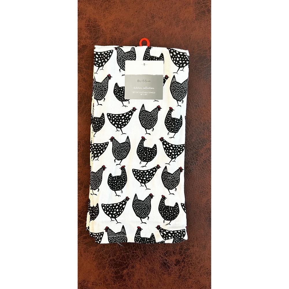 Bliss‎ Studio Kitchen Towels Set of 2 Black White Chicken Hen Farmhouse